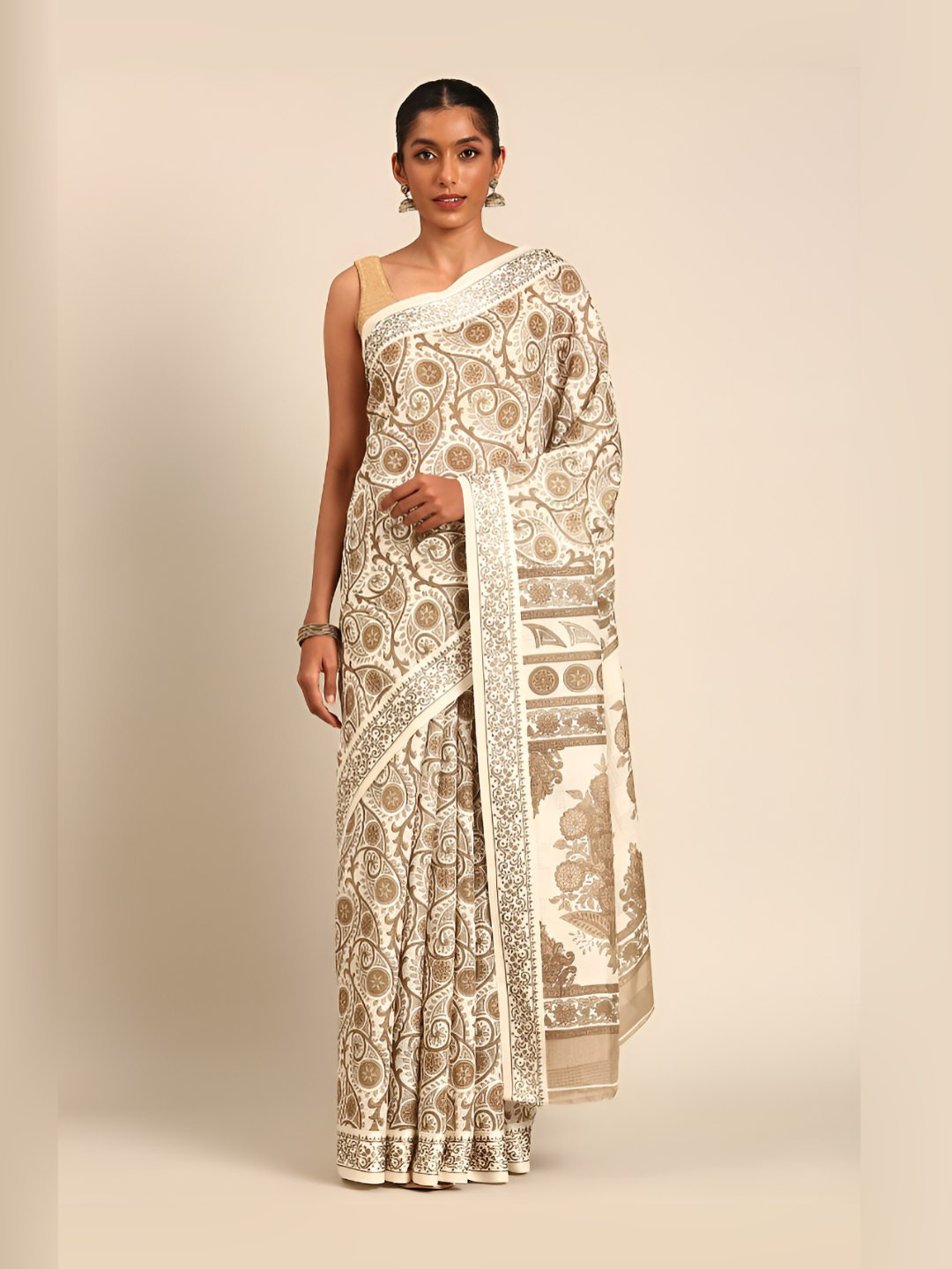 Taashi Ethnic Motifs Printed CLinen Tussar Saree With Unstiched Blouse Piece