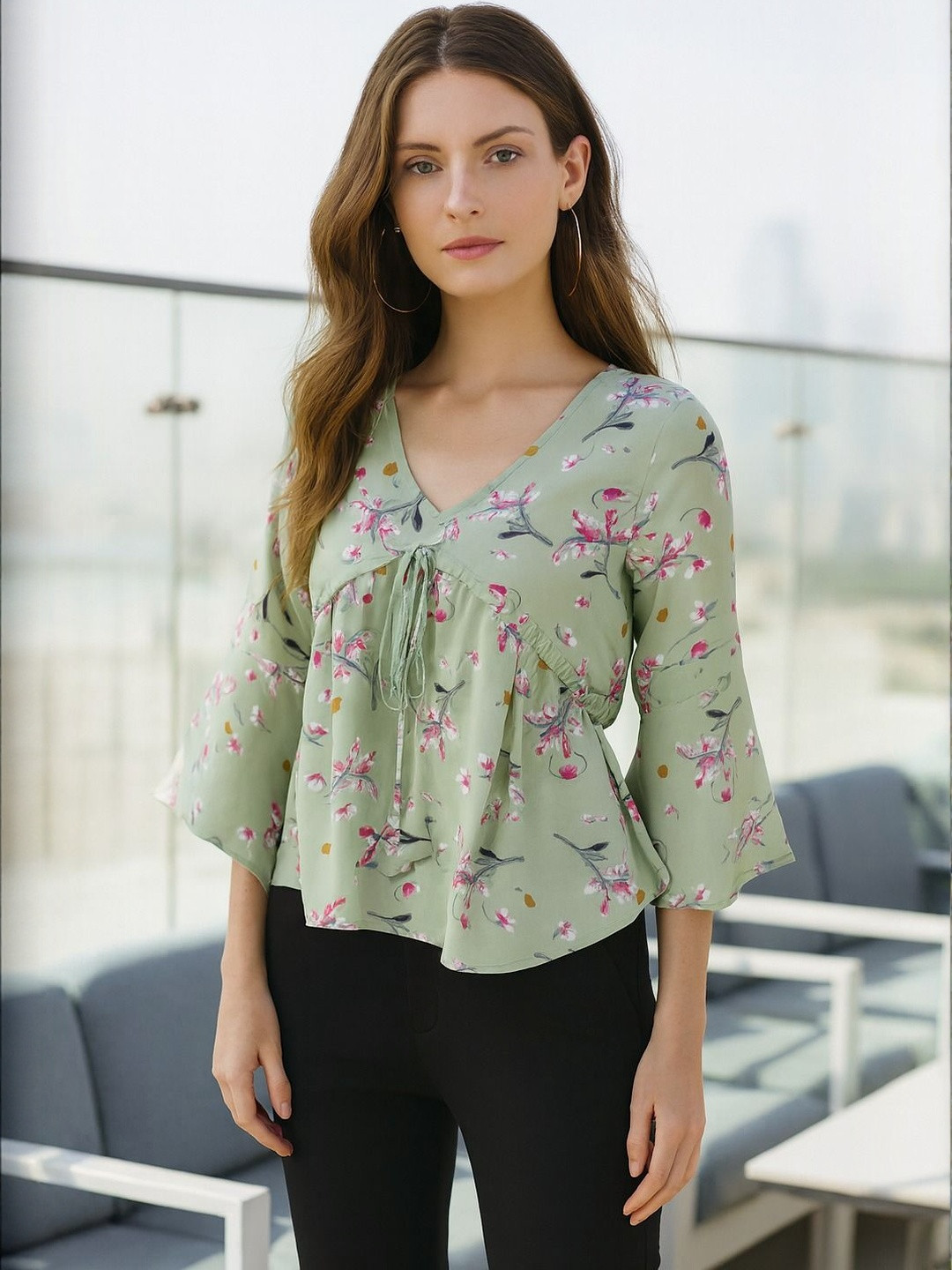 4WRD by Dressberry Floral Printed Bell Sleeve Georgette Tie-Ups High Low Peplum Top