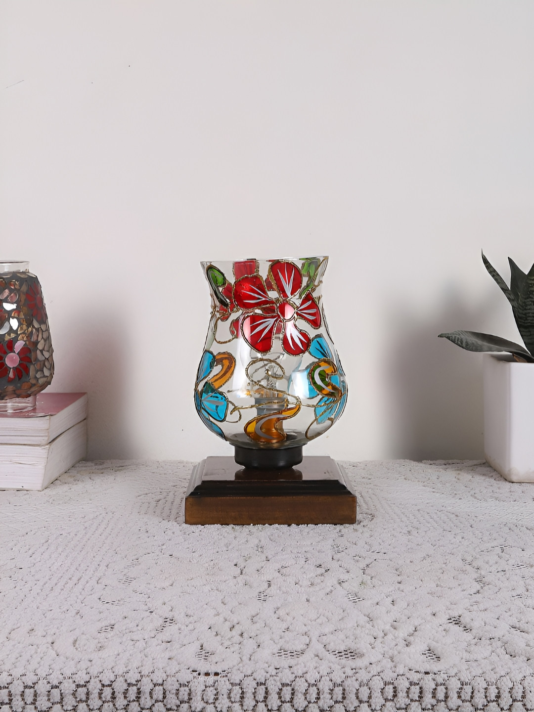Aura Brown & Red Printed Wooden Bell Shaped Table Lamp With Square Base