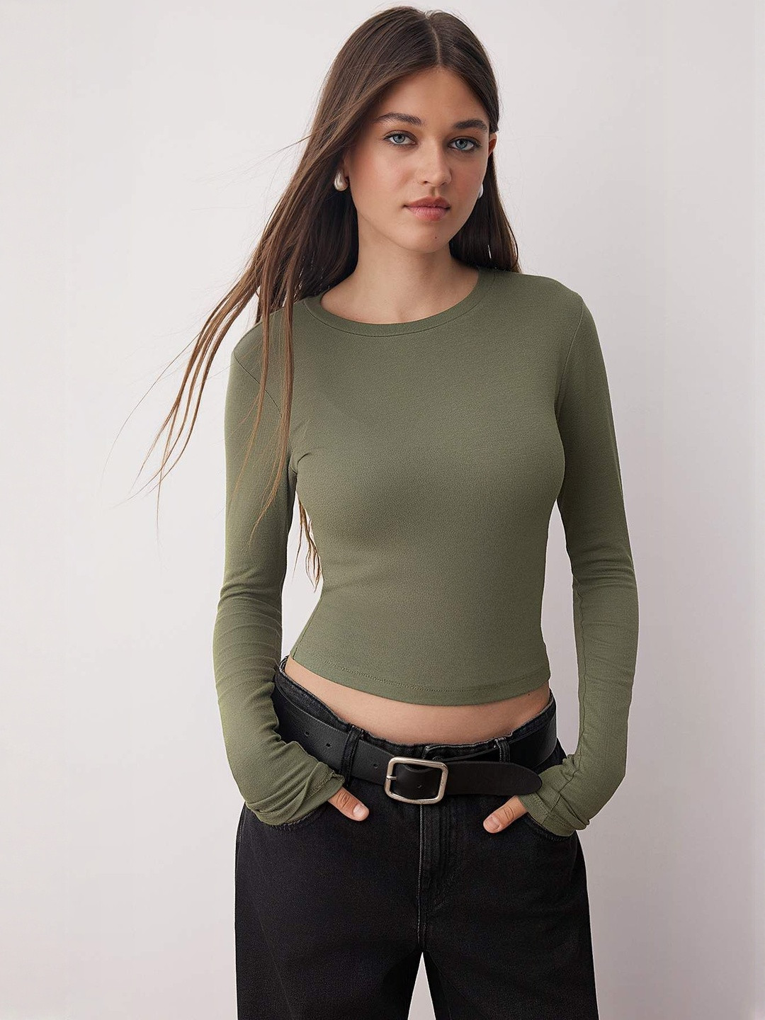 Trendyol Haki-Beyaz Women Crop Top