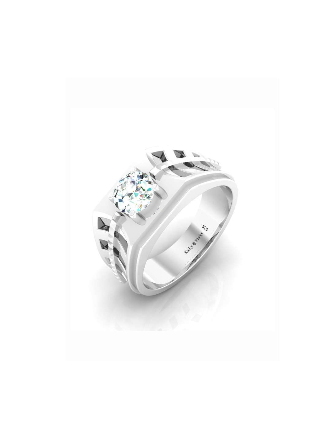 Kicky And Perky Men 925 Sterling Silver Rhodium-Plated Cubic Zirconia Studded Finger Ring