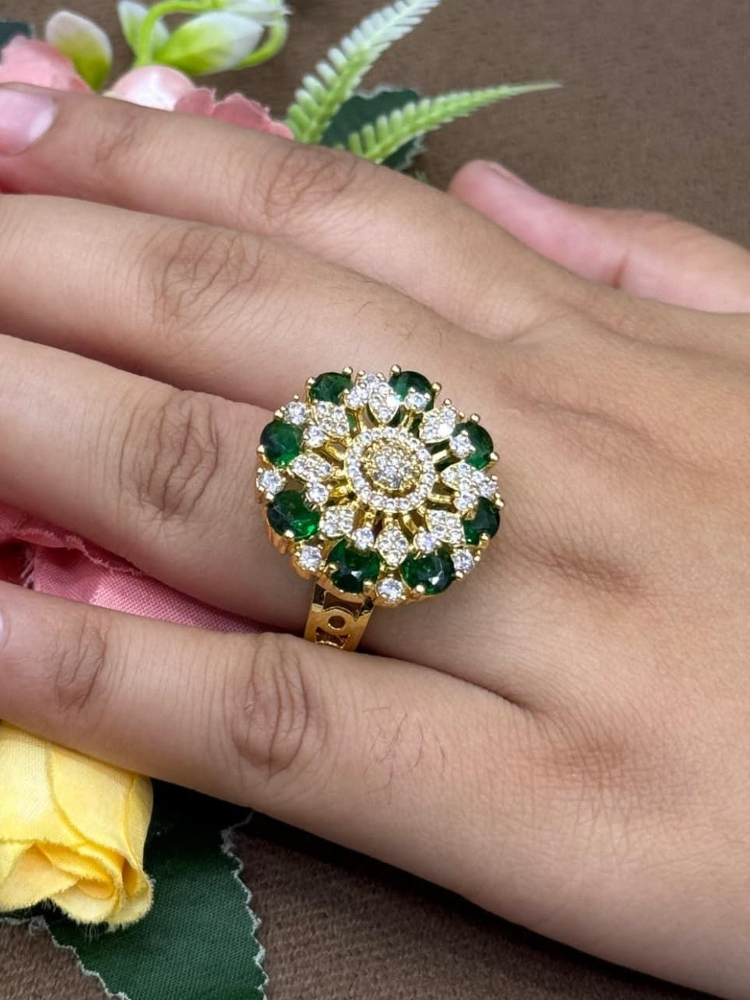 VANSHIKA JEWELS Women Green Brass American Diamond Finger Ring