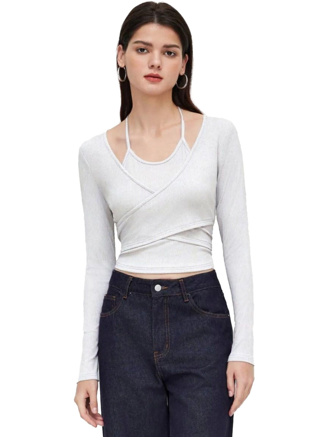 Istyle Can Women Halter Neckline Knotted Cross-Wrap Crop Top