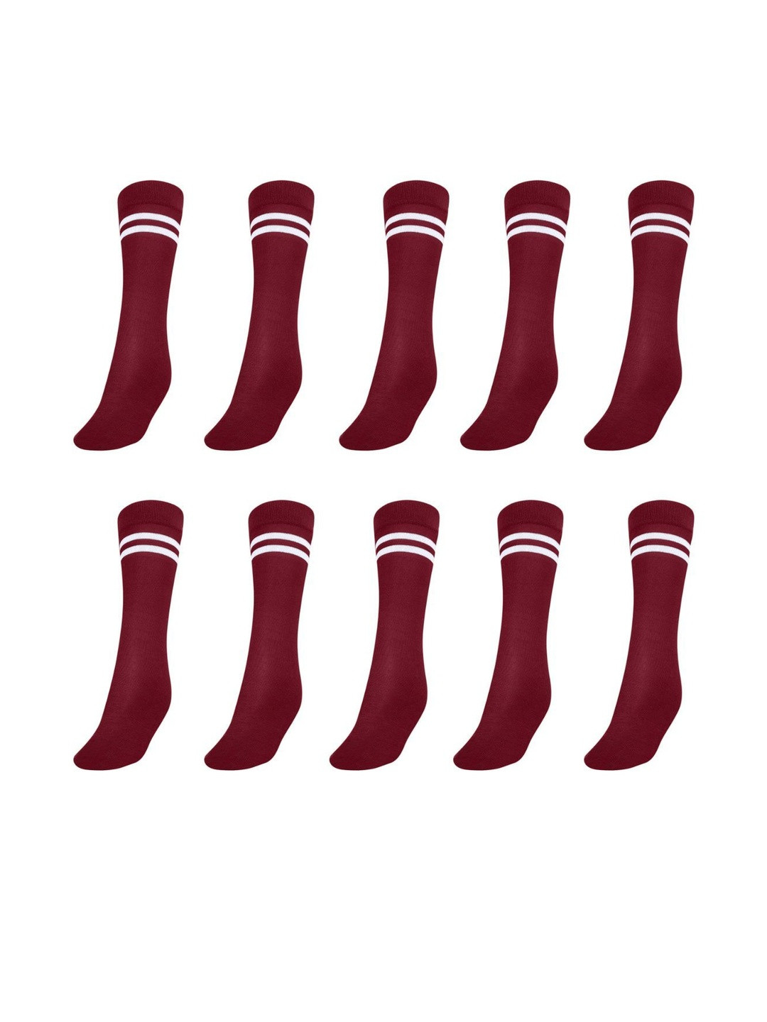MUKHAKSH Kids Pack Of 10 Maroon With White Striped Calf Length Socks