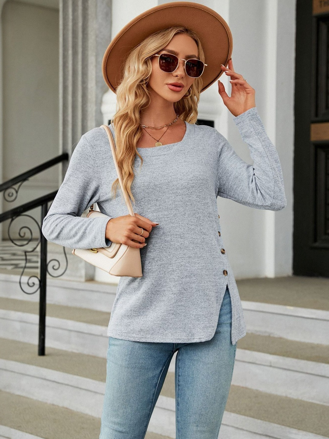 Outzidr Women Solid Full Sleeve Side Slit Top