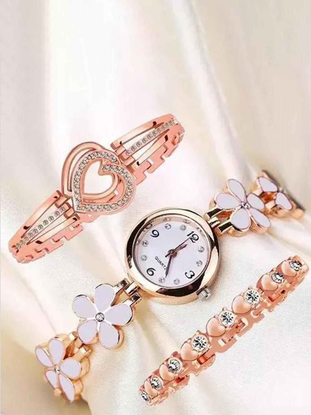 FROZIL Women Embellished Dial&Bracelet Style Strap Analogue Watch & 2 BraceletFlower W-Br