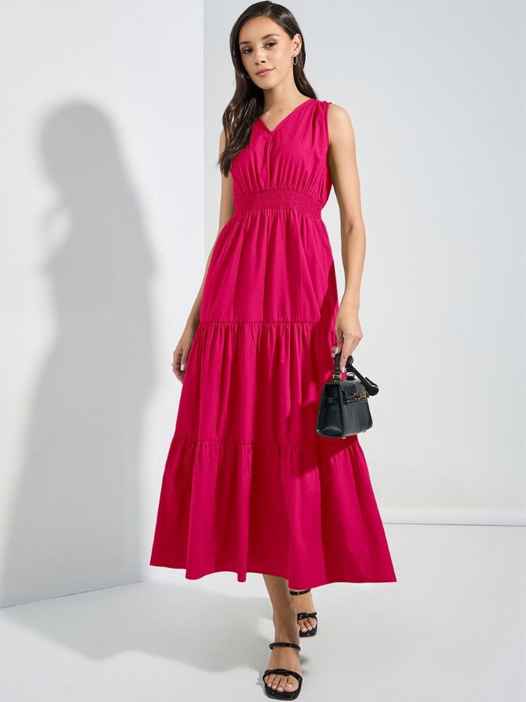 Jash Creation Women Pink Polyester Solid V-Neck Long  Flared Maxi Dress