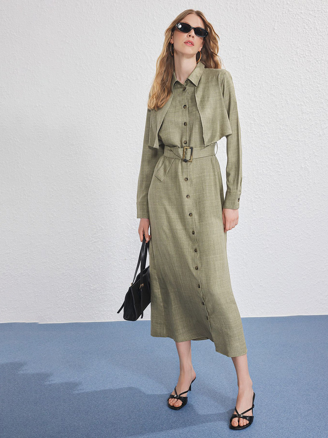 Trendyol Women Self Design Shirt Collar Maxi Dress