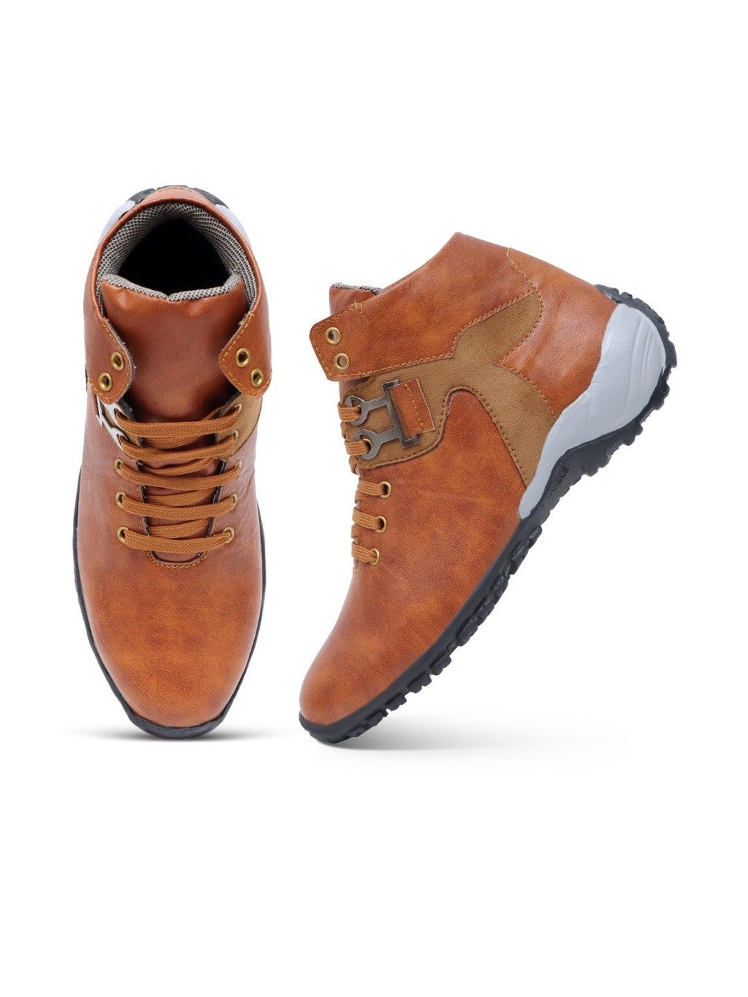 Groofer Men Tan Colored Lace Up Mid-Top Casual Boots
