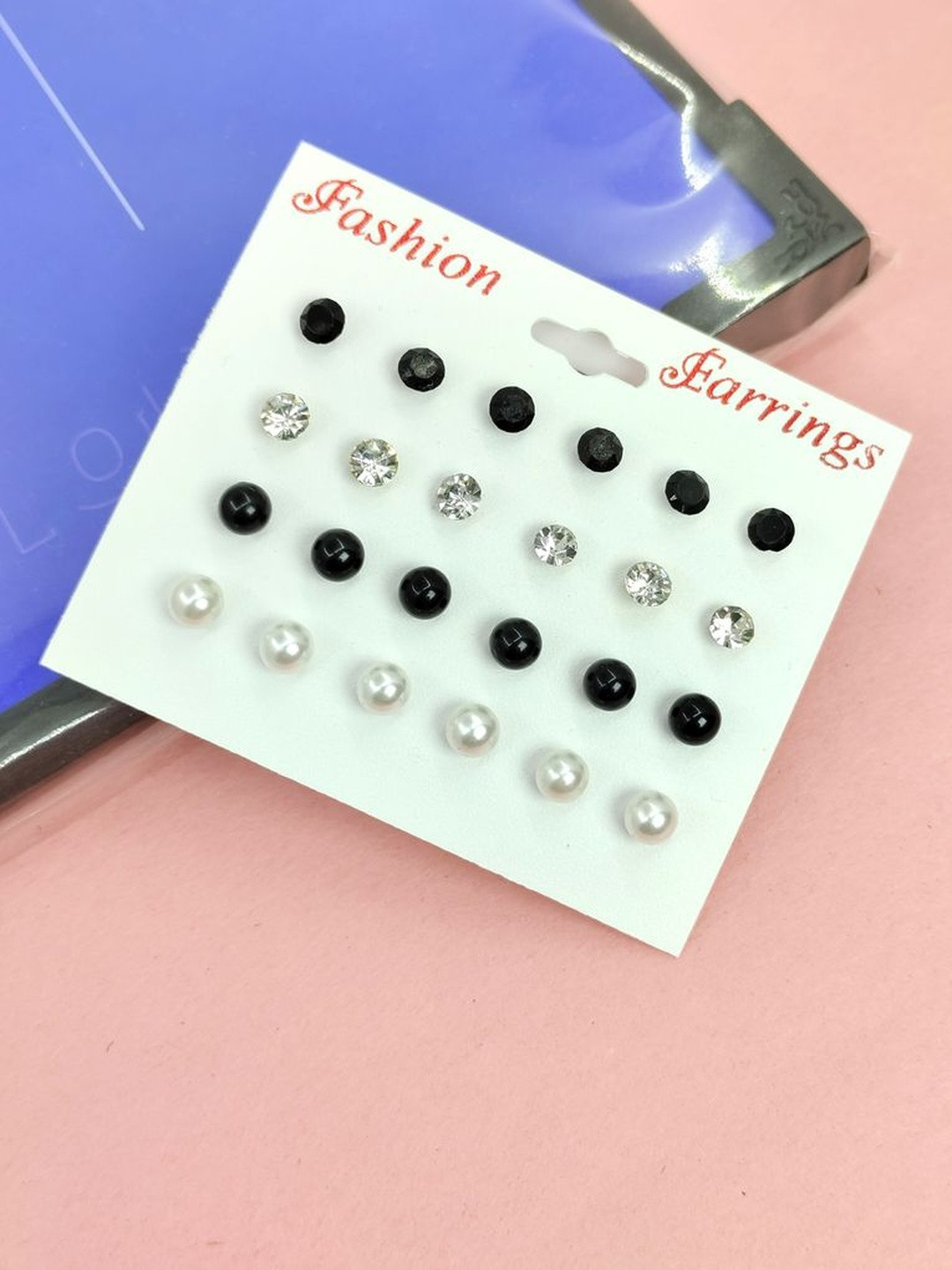 Balasundri  Women Set of 12 White & Black Plastic Pearl Stud Earring