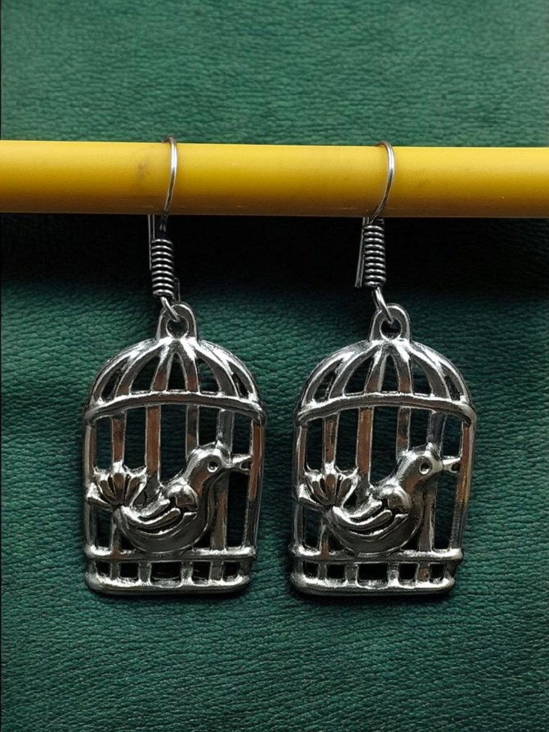 Hardin Style German Silver-Plated Oxidised Bird Cage Shaped Drop Earrings