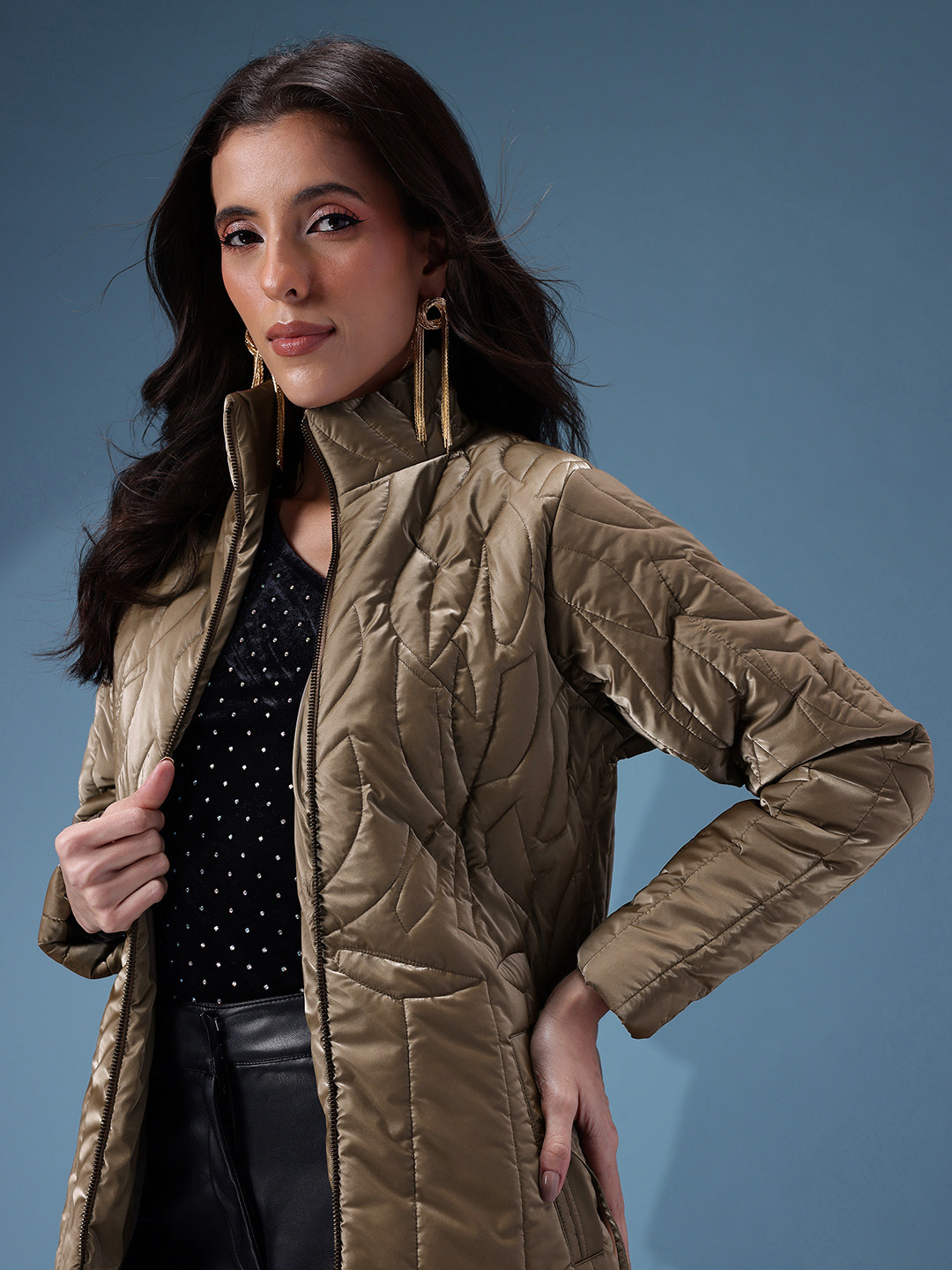 bebe Mock Collar Sheen Quilted Jacket