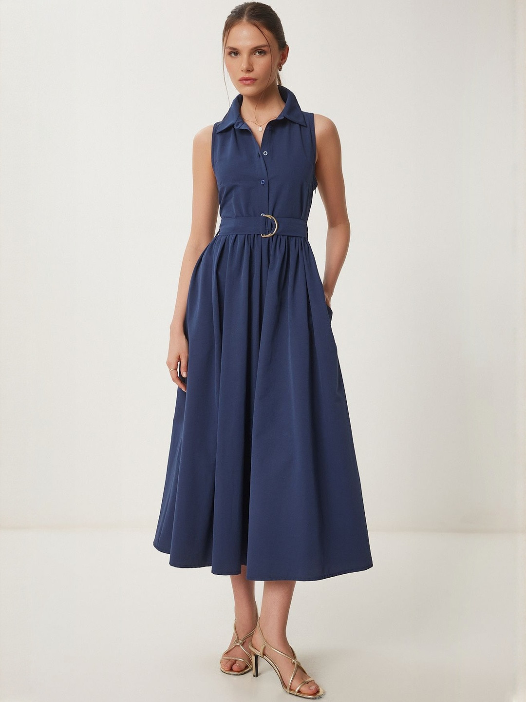 Happiness istanbul Lacivert Women Belted Shirt Collar A-Line Midi Dress