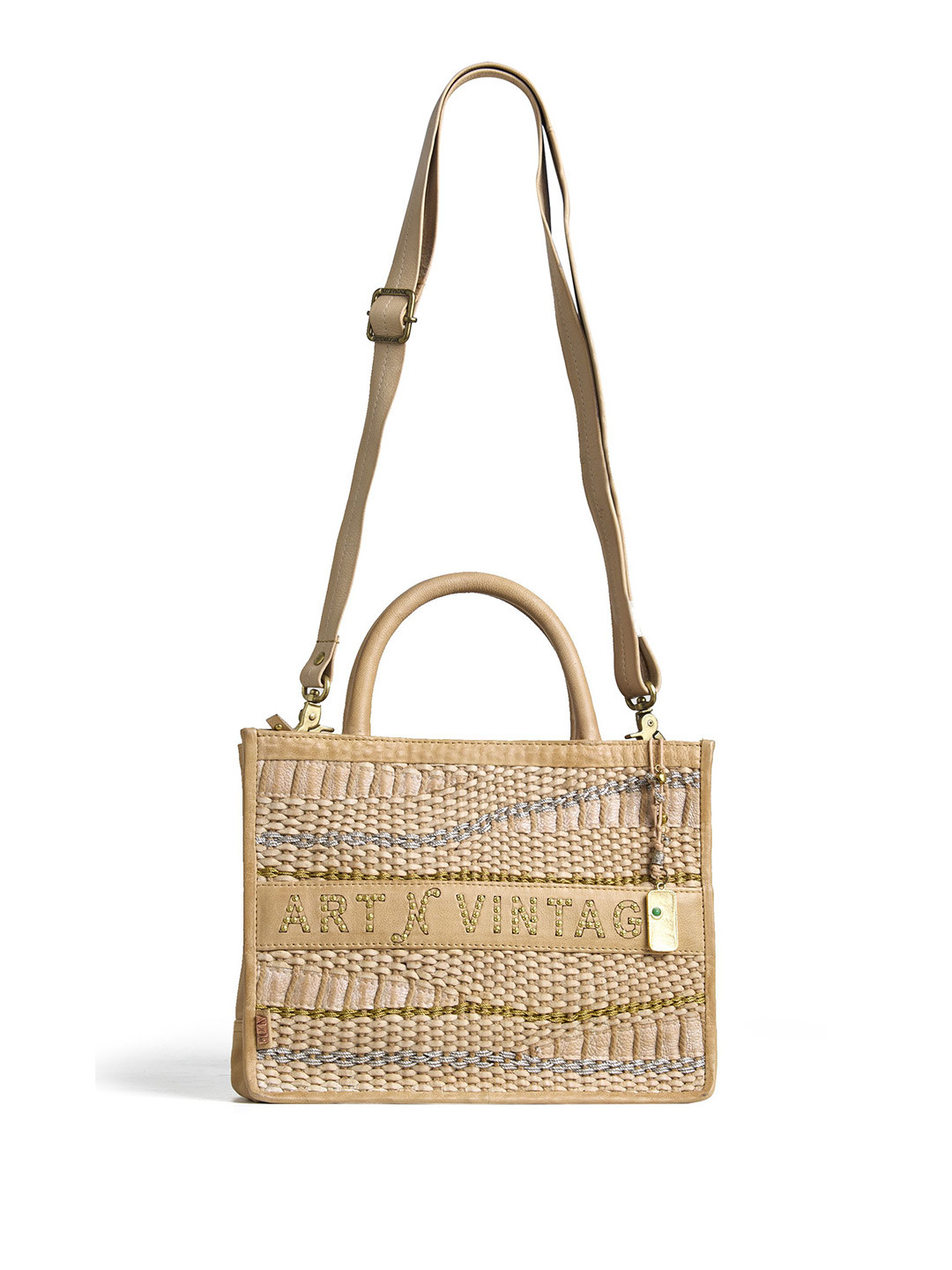 ART N VINTAGE Leather Embroidered Structured Tote Bag