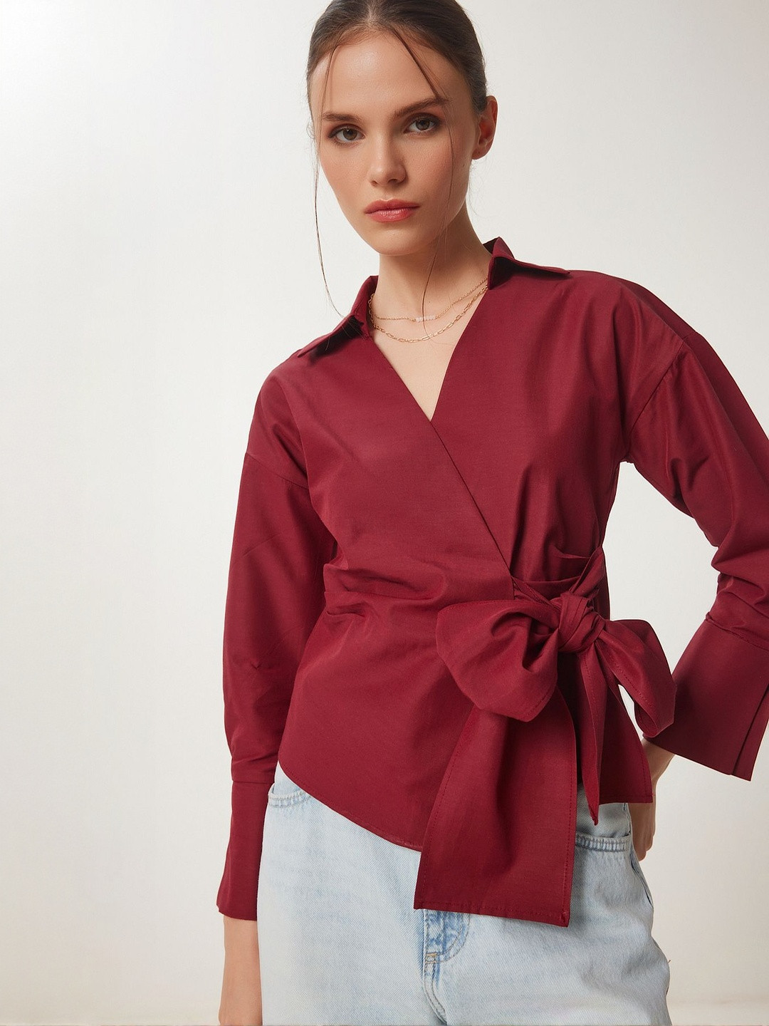 Happiness istanbul Women Bows Waist Tie-Ups V-Neck Long Sleeves Cotton Wrap Top