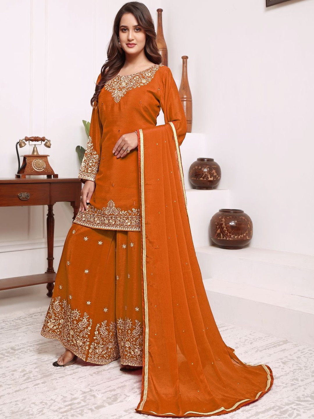 LAZORI FASHION Floral Embroidered Mirror Work Kurta With Sharara & Dupatta