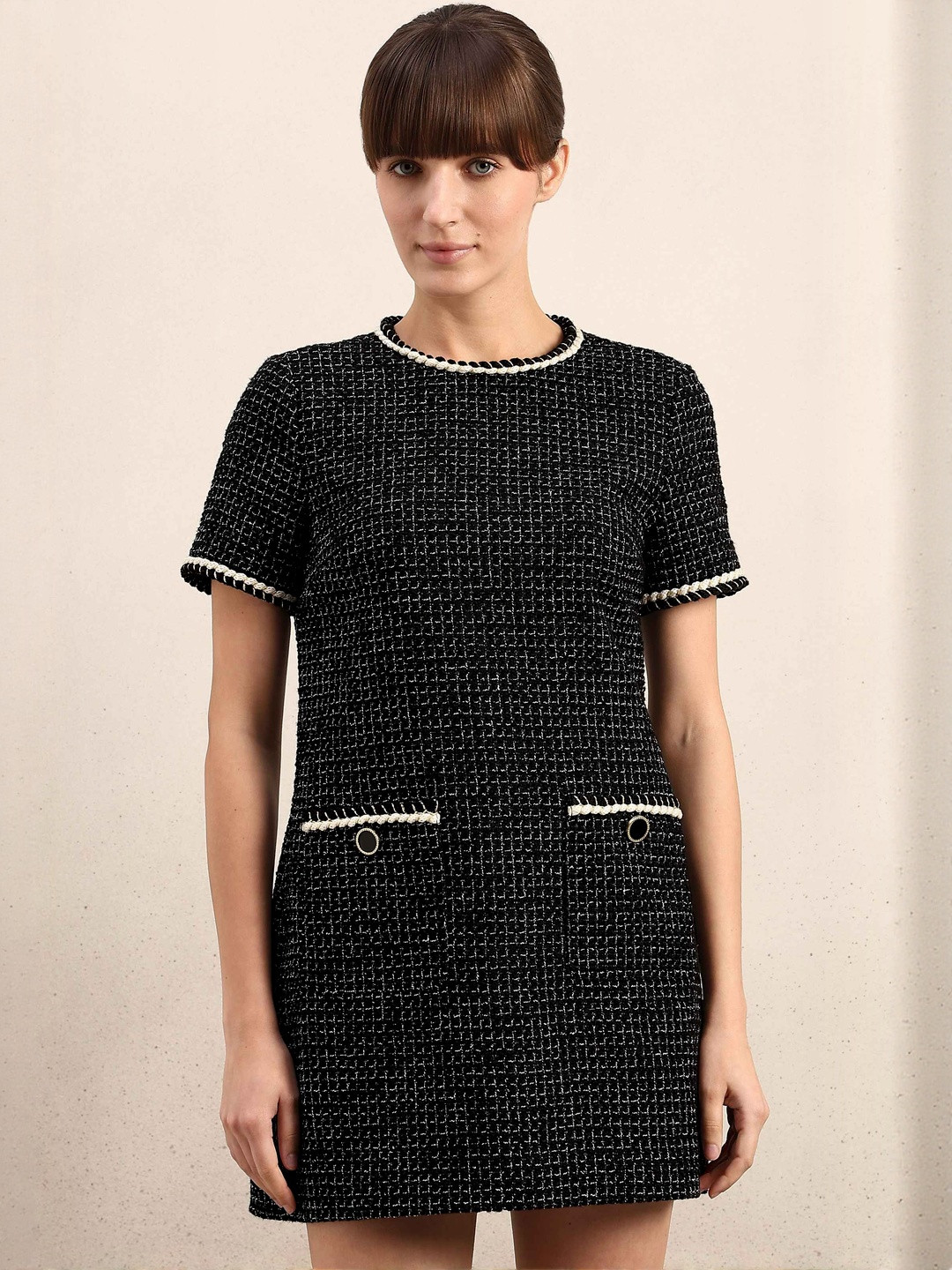 Vero Moda Women Self Design Pocket Detailing Round Neck Sheath Dress
