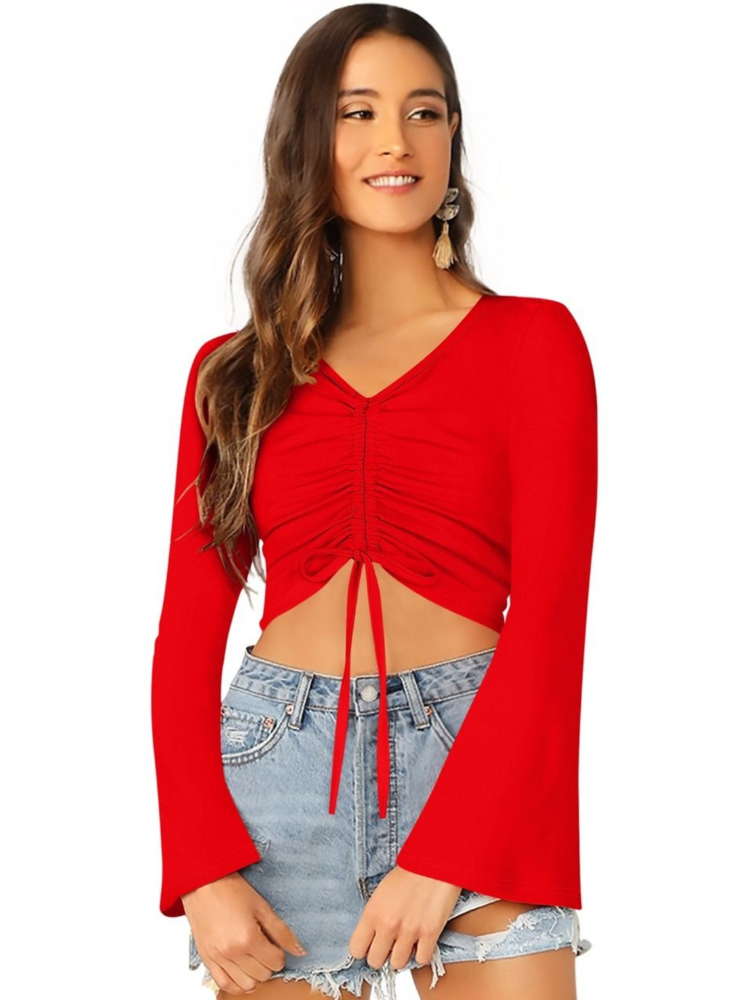 STYLENZA Women V-Neck Bell Sleeve Regular Crop Top