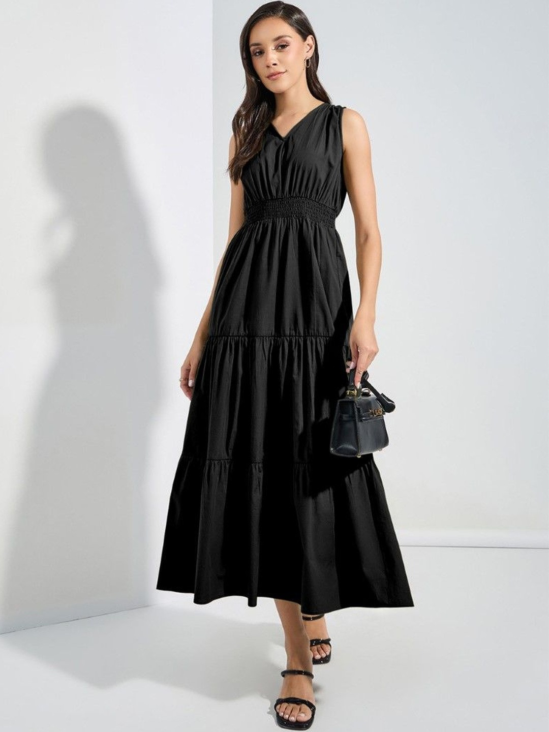 Jash Creation Women Black V-Neck Fit & Flare Long Dress