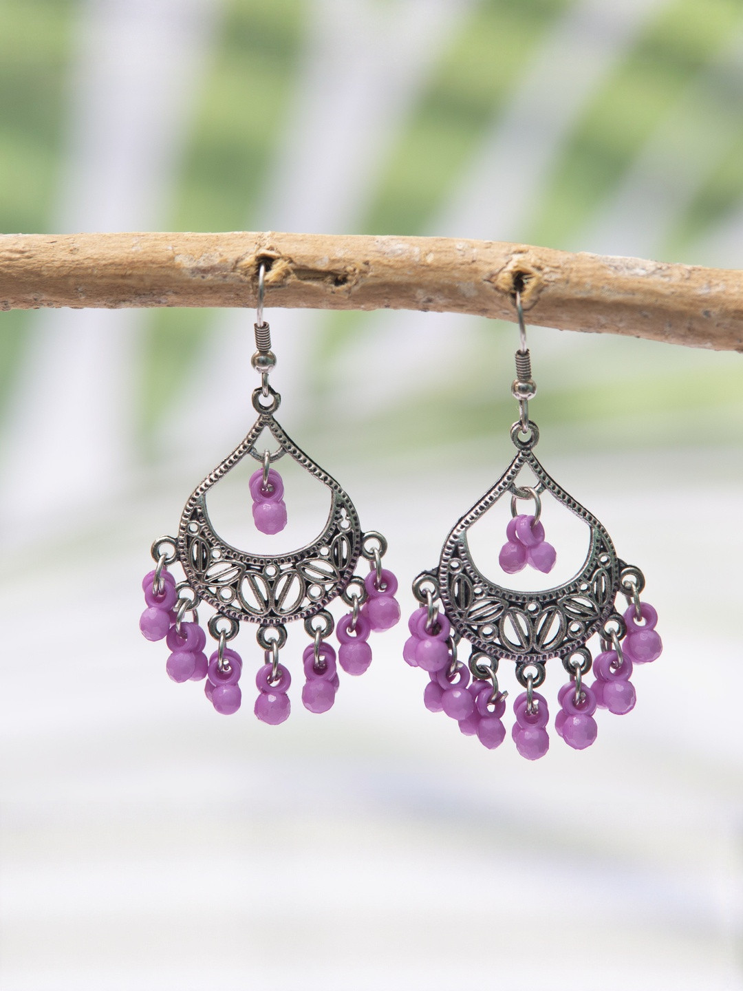 Creative Frogs Women Silver Plated Chandbali Earrings with Light Purple Beads