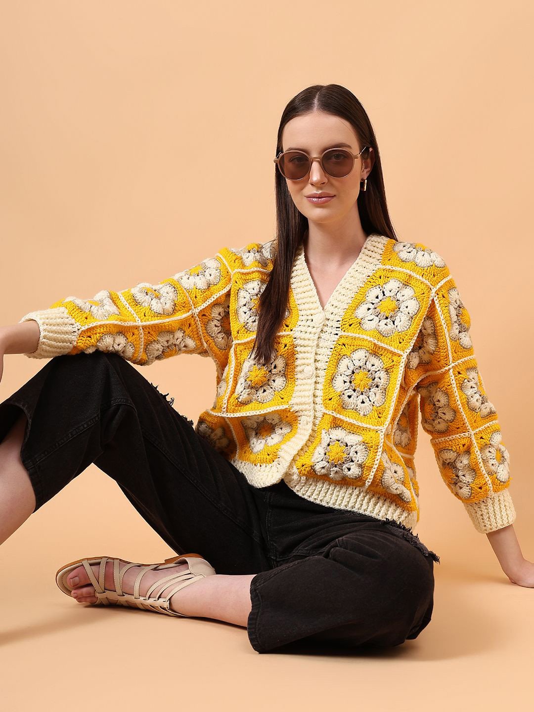 Velvery Women Floral Crochet Open Knit Cardigan