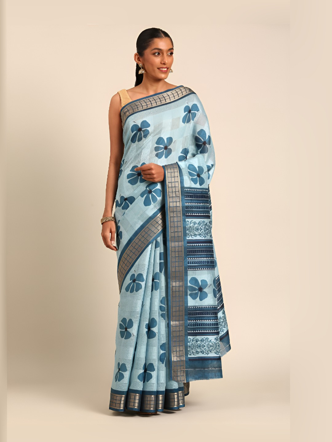 Taashi Hibiscus Printed Woven Border Saree