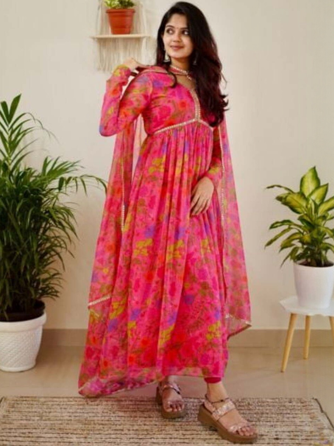 N.B.F Fashion Women Ethnic Motifs Printed Empire Mirror Work Kurta with Trousers & Dupatta