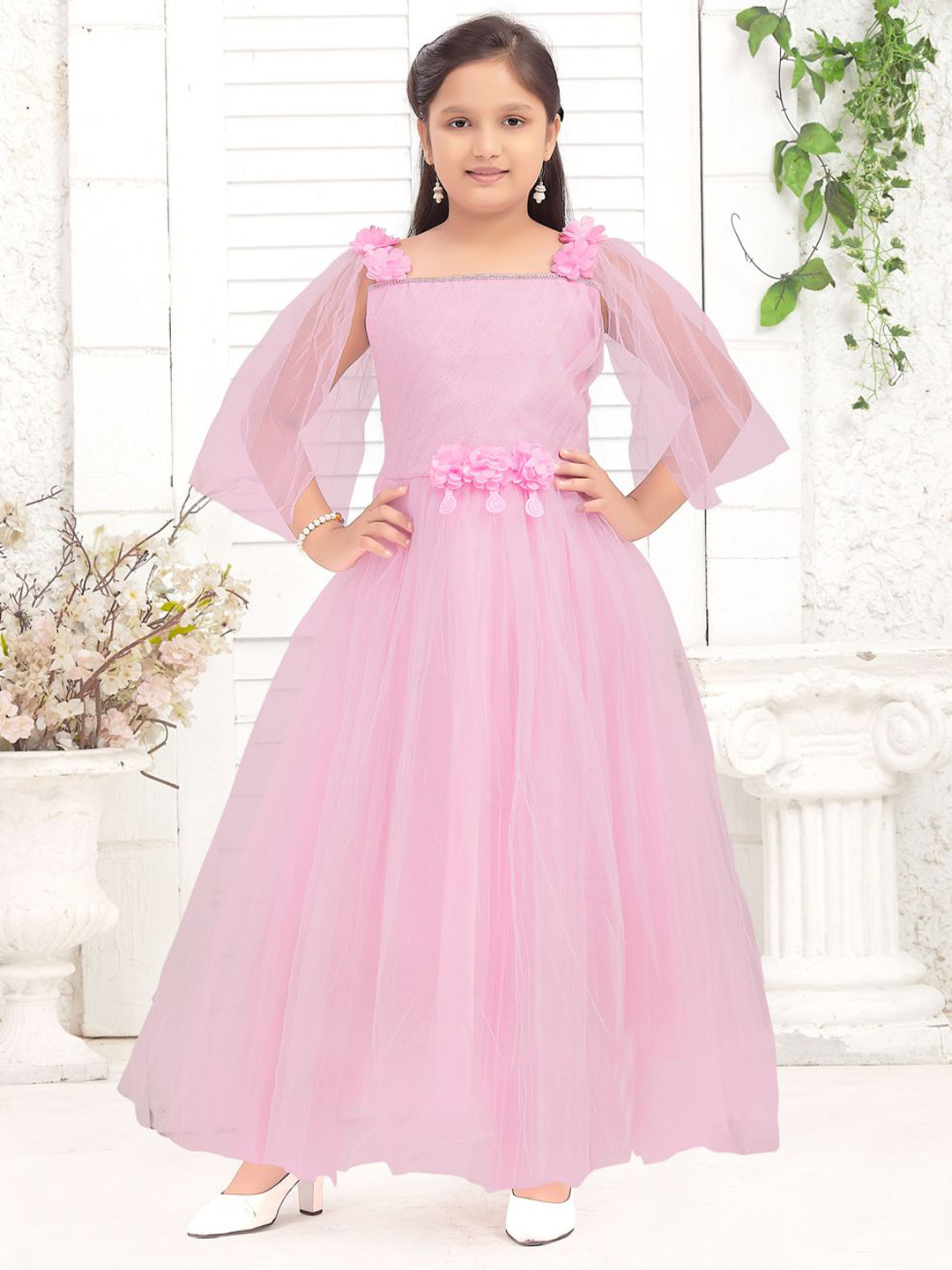 BAESD Girls Solid Self Design Flared Sleeves Gown Maxi Dress