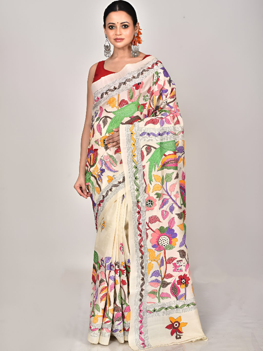 RAM SHYAM collection Ethnic Motifs Embroidered Kantha Work Art Silk Tussar Saree