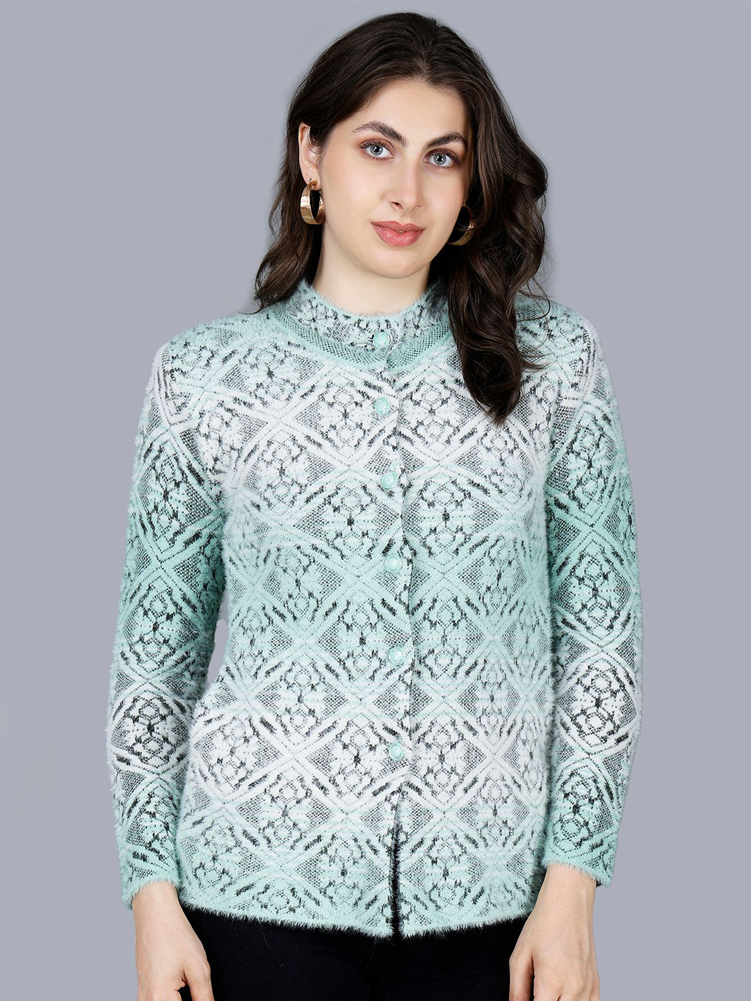 Chatanya Women Round Neck Self Design Button Detail Cardigan Sweaters