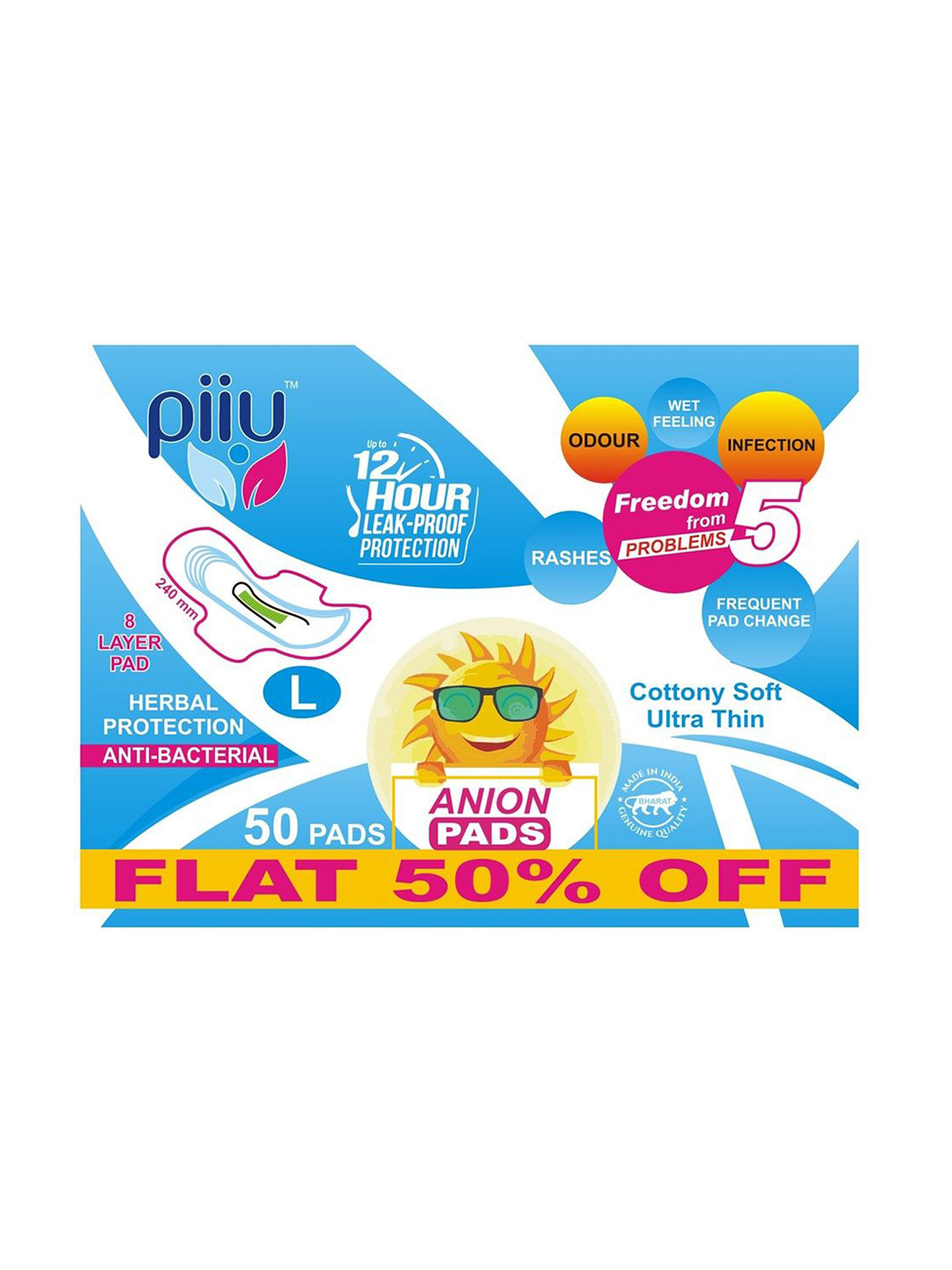 PIIU Soft Cottony Rash Free Ultra-Thin Anion Sanitary Pads - 50 Pads - 240 mm