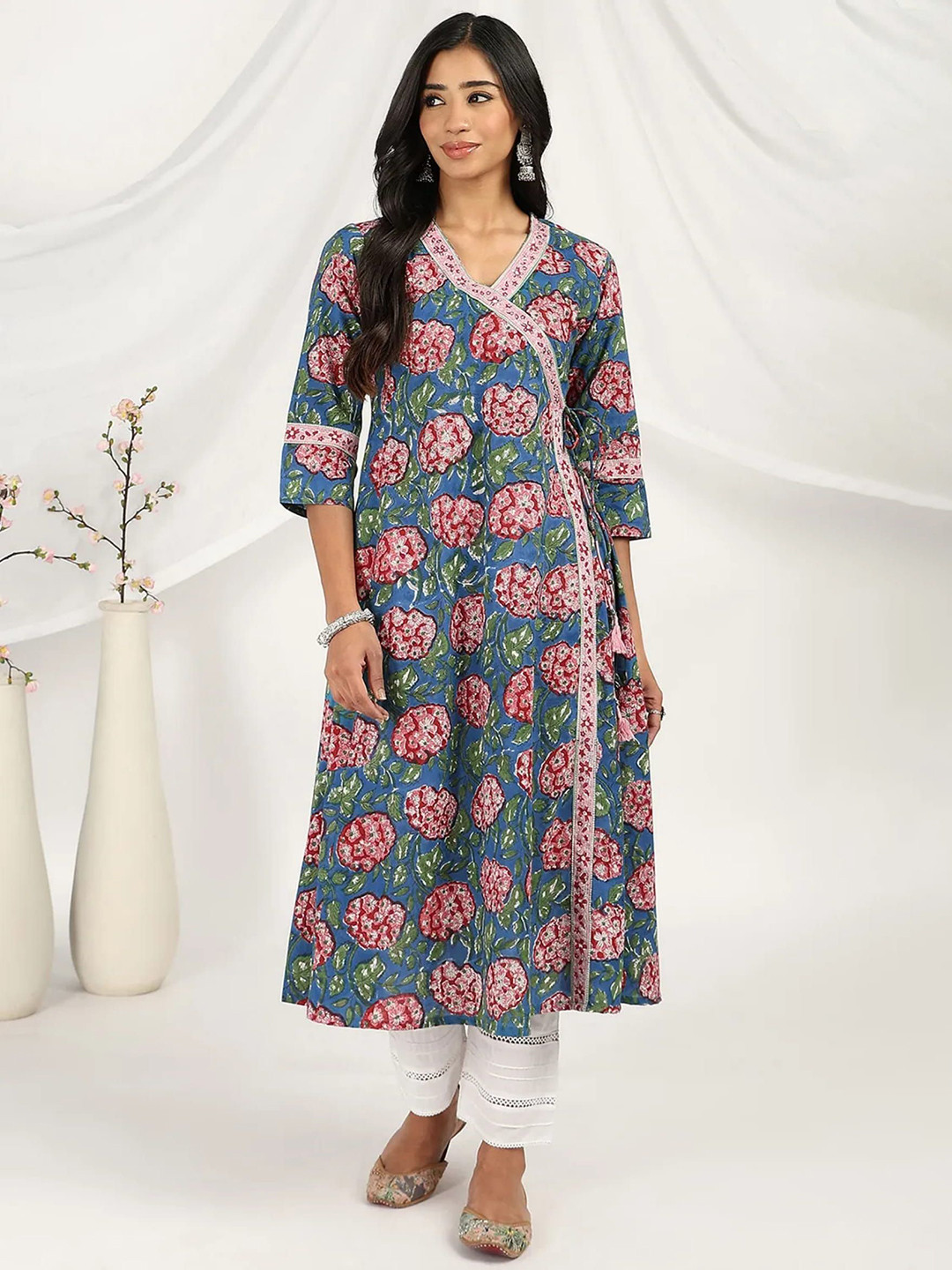 Tahiliya Women Floral Block Printed V-Neck Angrakha Cotton Anarkali Kurta