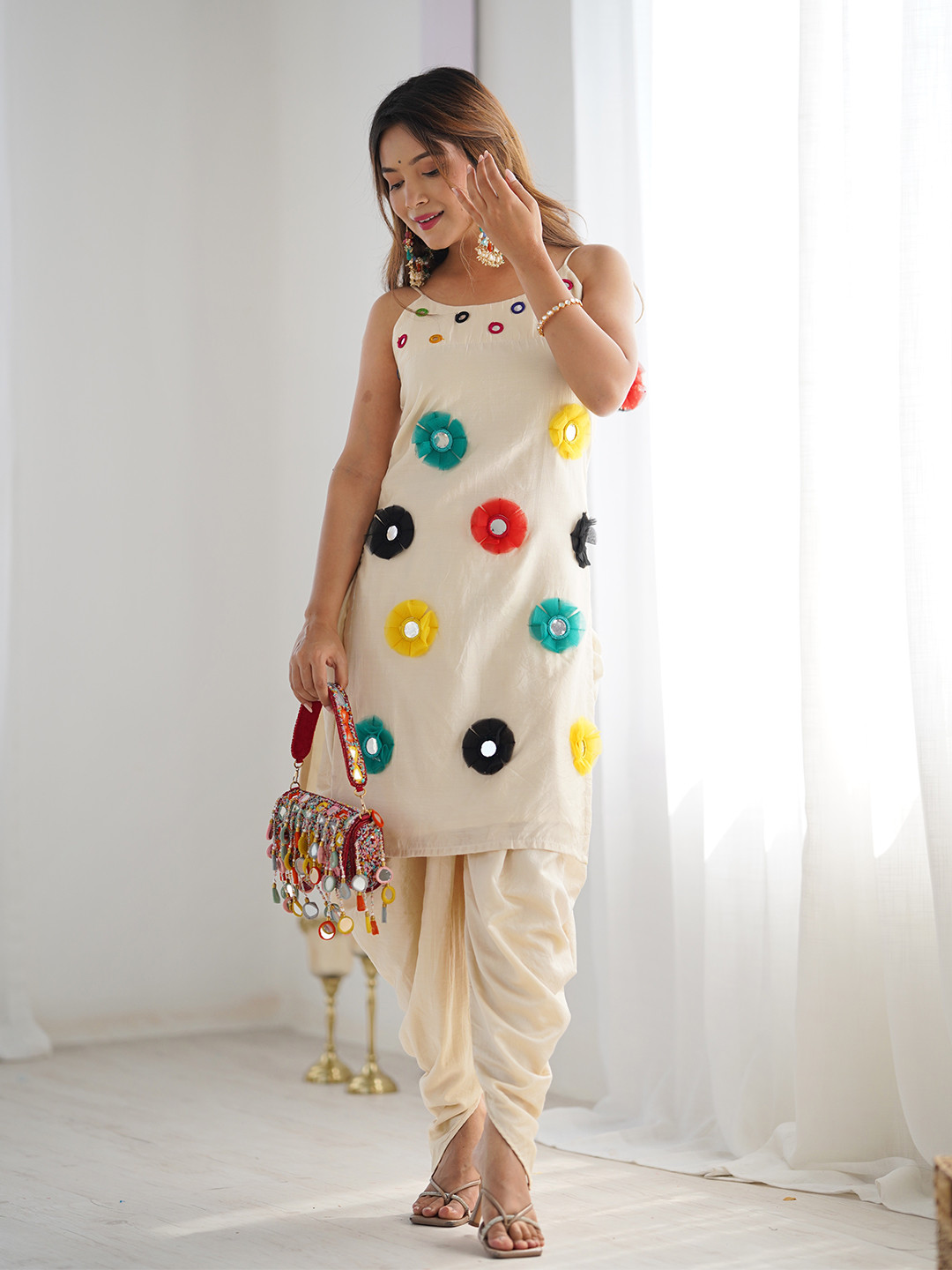 FFI Women Candy Bloom Ivory Mirror Work Pure Cotton Straight Kurta with Dhoti Pant