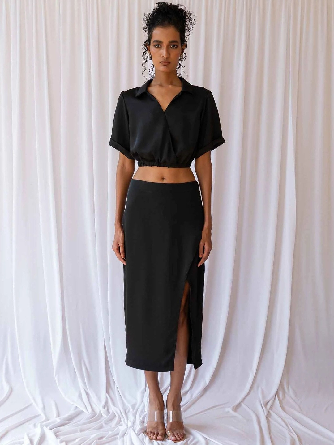 Endless Affair Women Solid Satin Wrap Crop Top