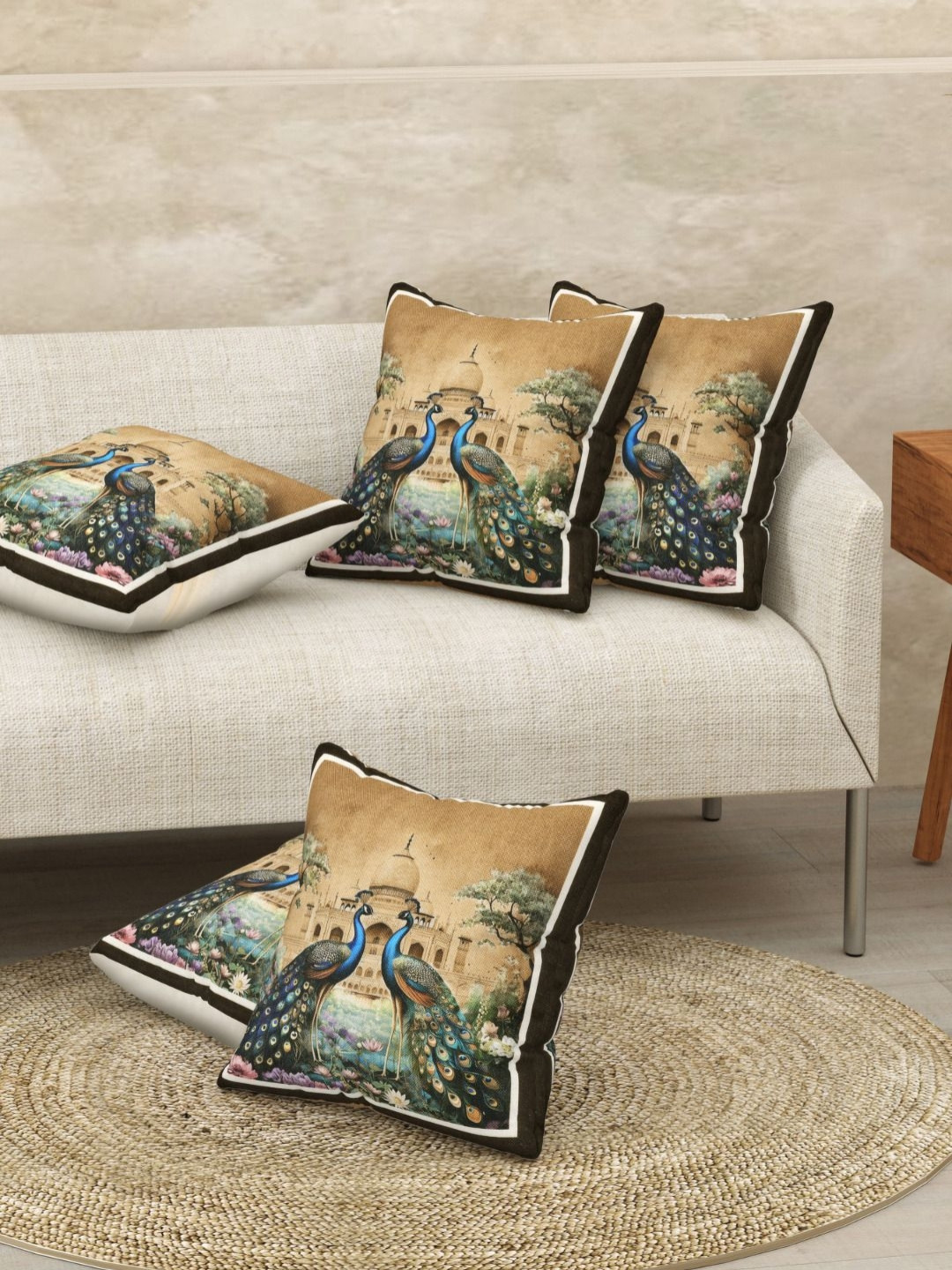 JAIPUR FABRIC Beige & Green Ethnic Motifs Square Cushion Cover