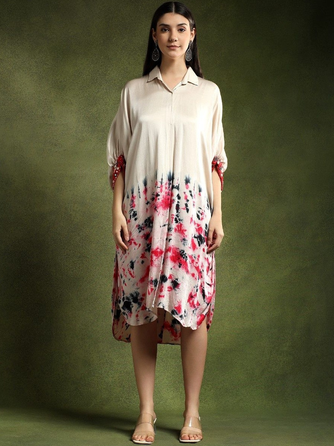 QAIYNAT Women Tie and Dye Dyed Satin Shirt Midi Dress