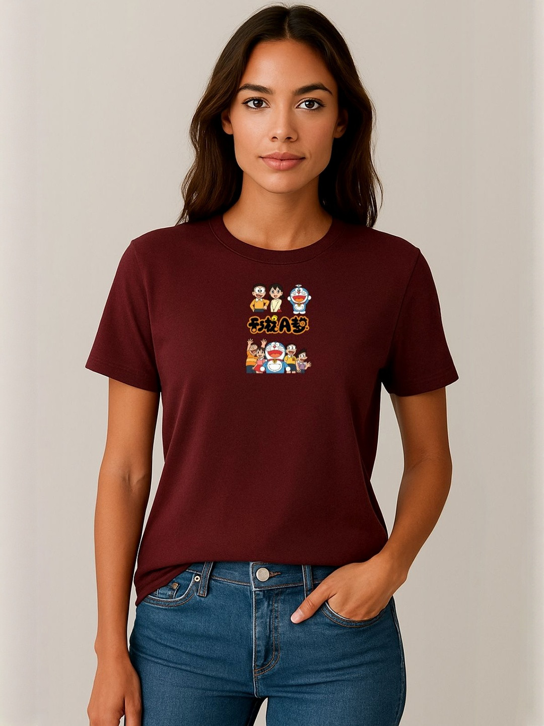 Anikmart Women Doraemon Graphic Printed Round Neck Cotton T-shirt