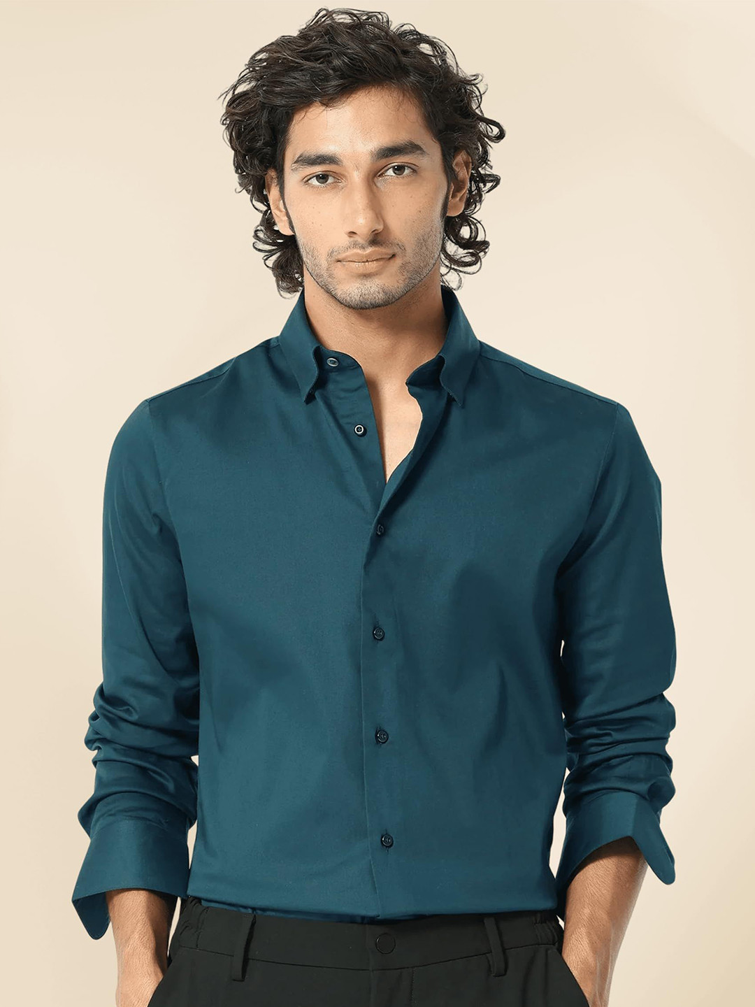 INDOPRIMO Spread Collar Long Sleeves Satin Casual Shirt