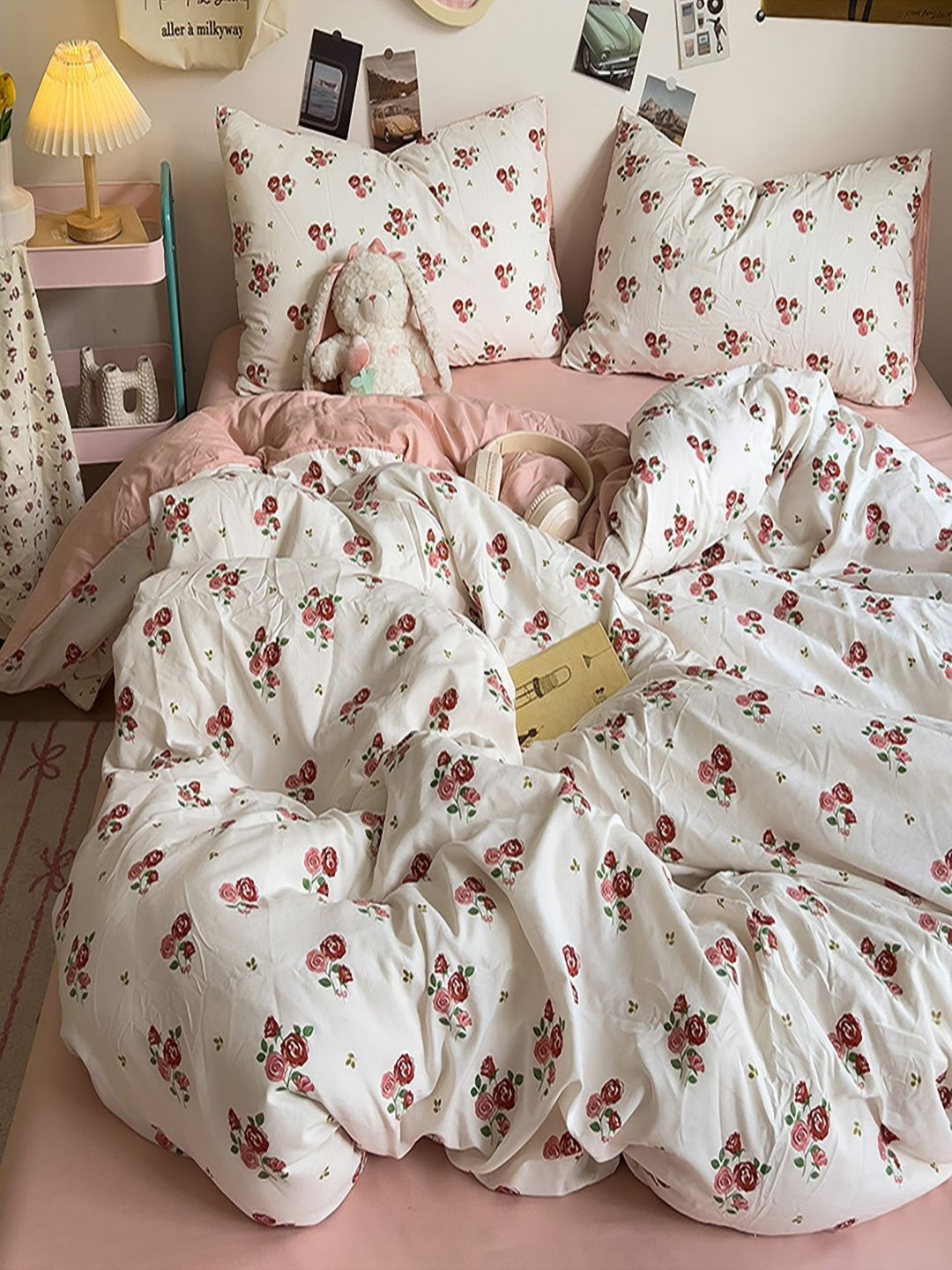 JC HOME Cream-Coloured & Pink  Floral Printed Ac Room Double Extra Large Bedding Set
