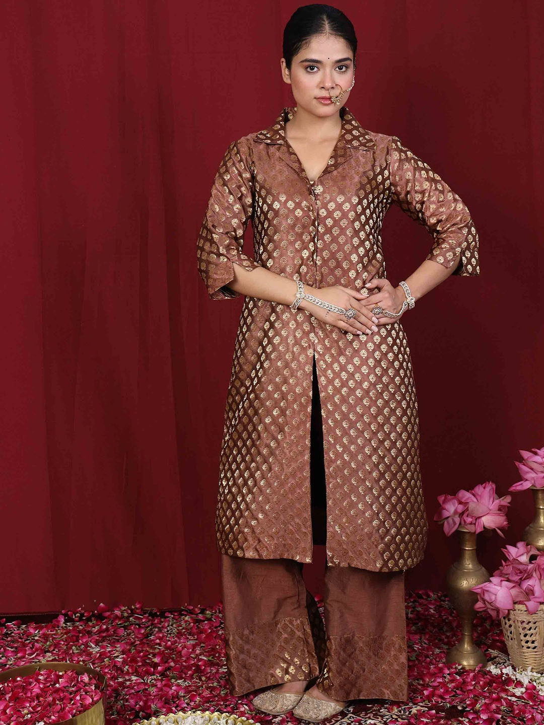 RIVAZ THREADS AND CO Floral Woven Design Brocade Shirt Collar Straight Kurta And Trousers