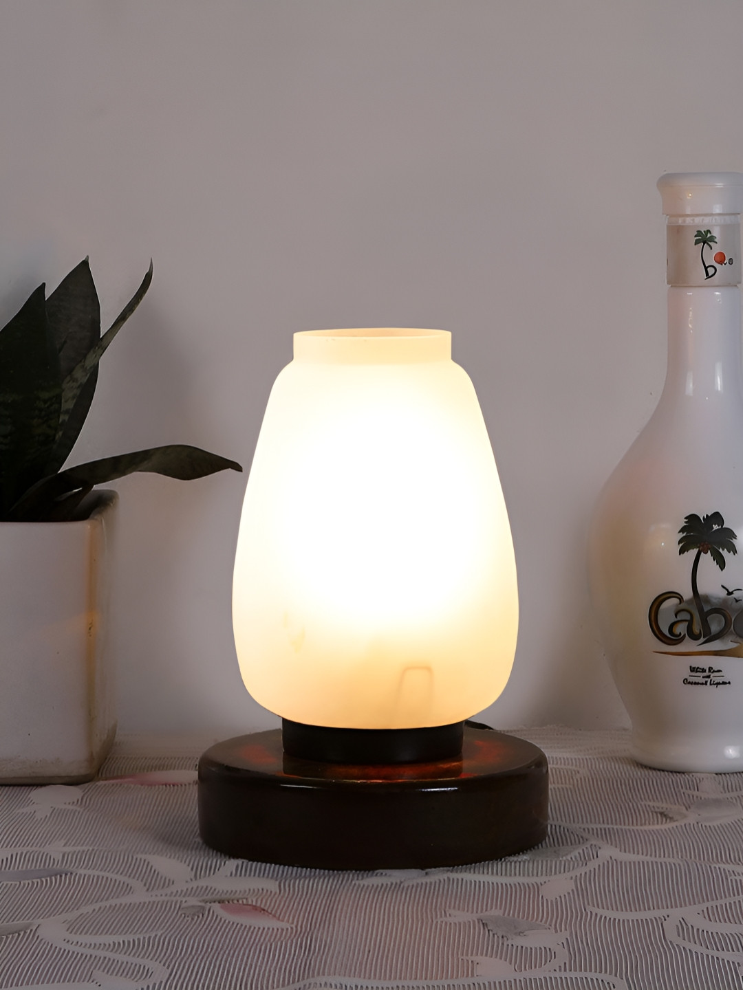 Aura White Abstract Shaped Glass Table Lamp With Wooden Base