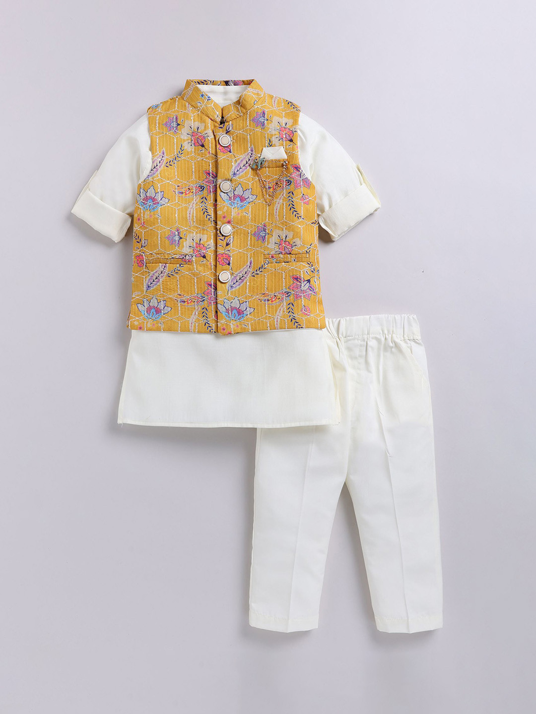 LITTLE COLLARS Boys Yellow & White Silk Blend Printed Regular Kurta Pyjama & Jacket