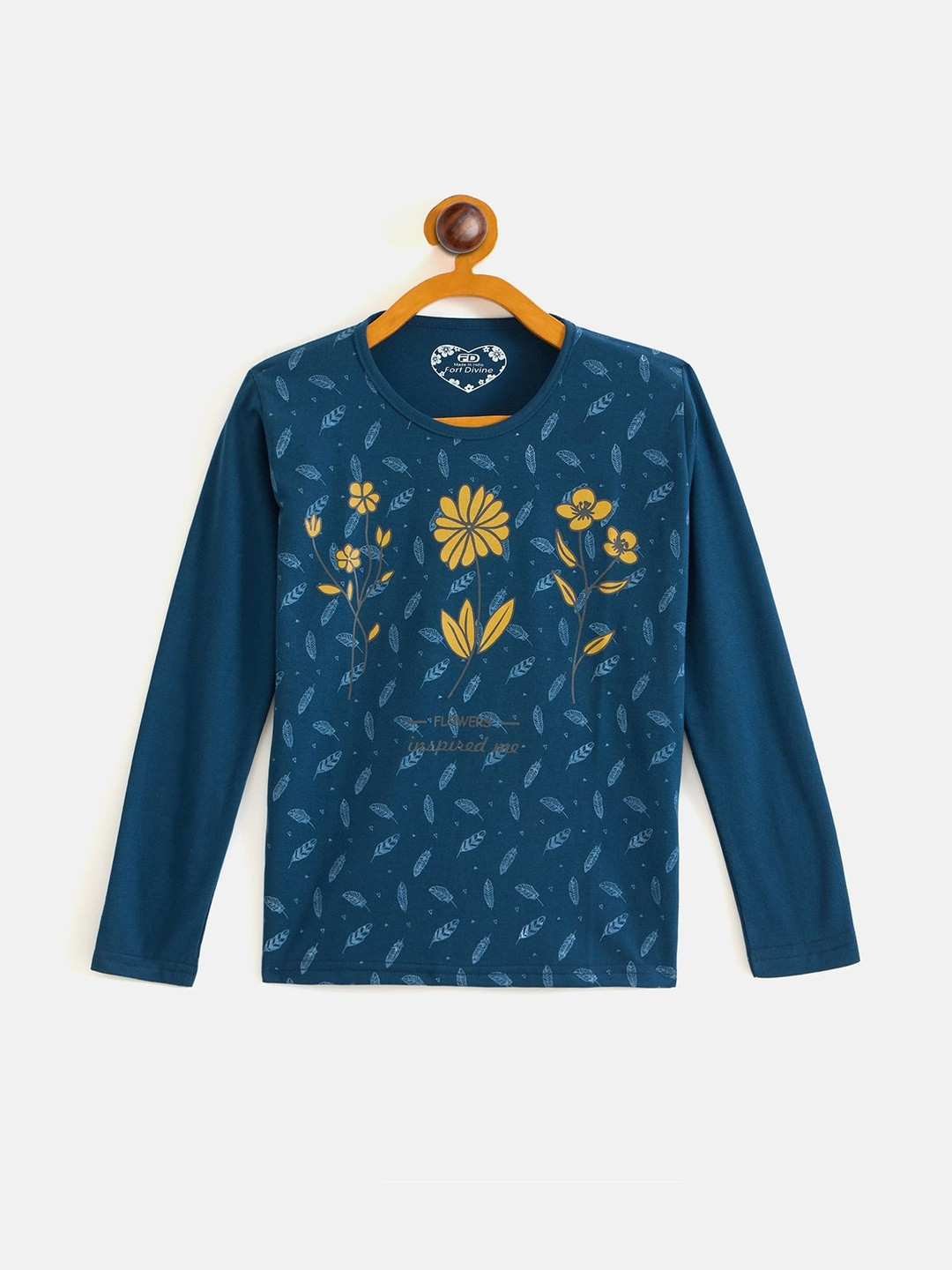 Fort Divine Girls Teal Cotton Knit Full  Sleeves Flower Printed Causal T Shirt