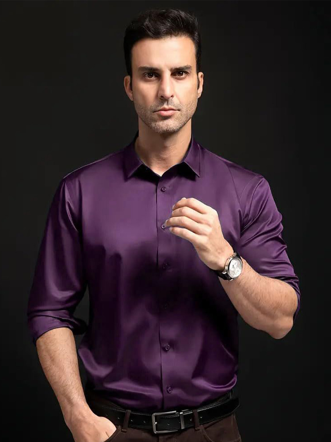 INDOPRIMO Men Solid Spread Collar Satin Formal Shirt