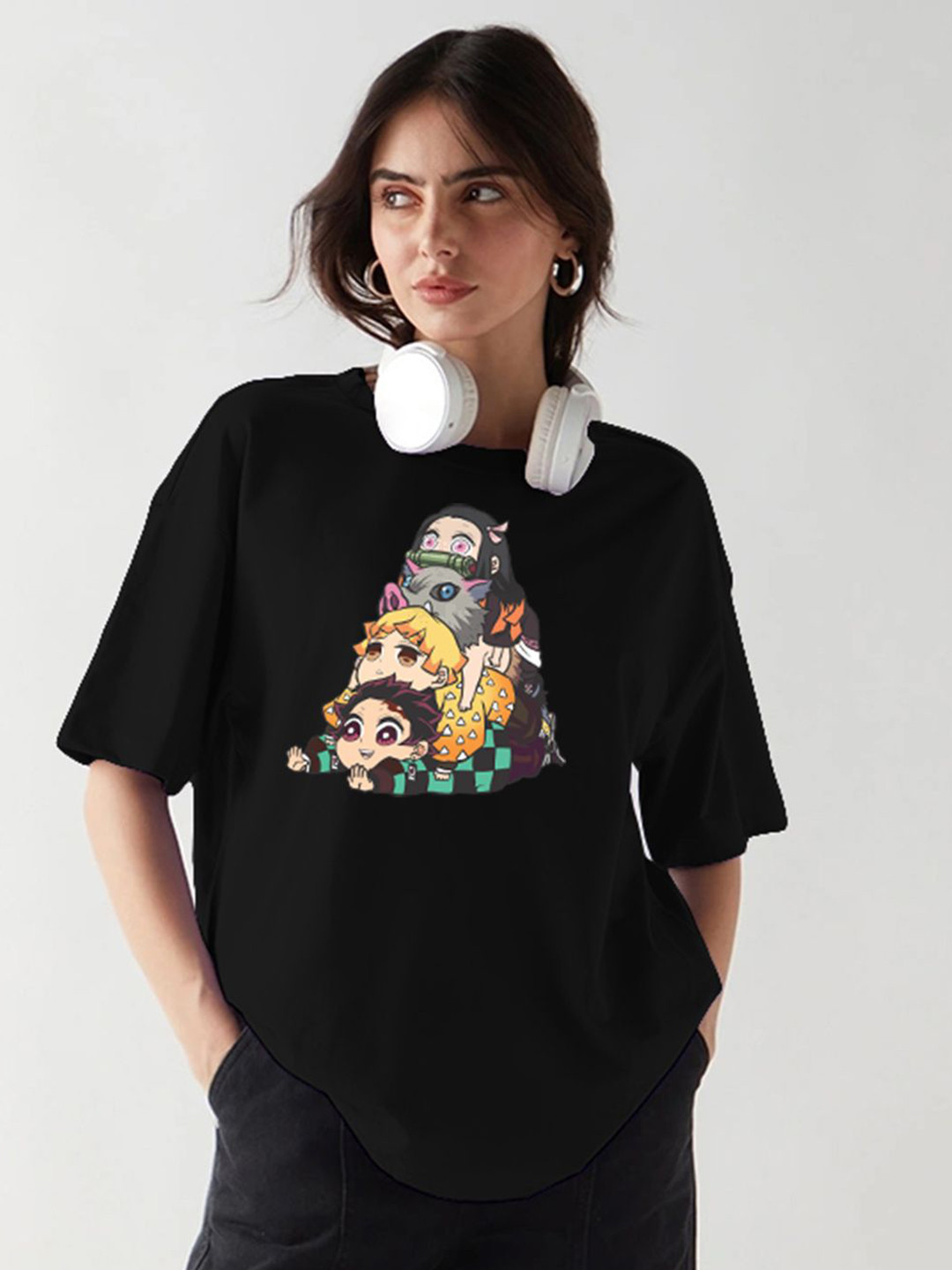 TOGS & TERRE Women Demon Slayer Graphic Printed Round Neck Cotton Oversized T-shirt