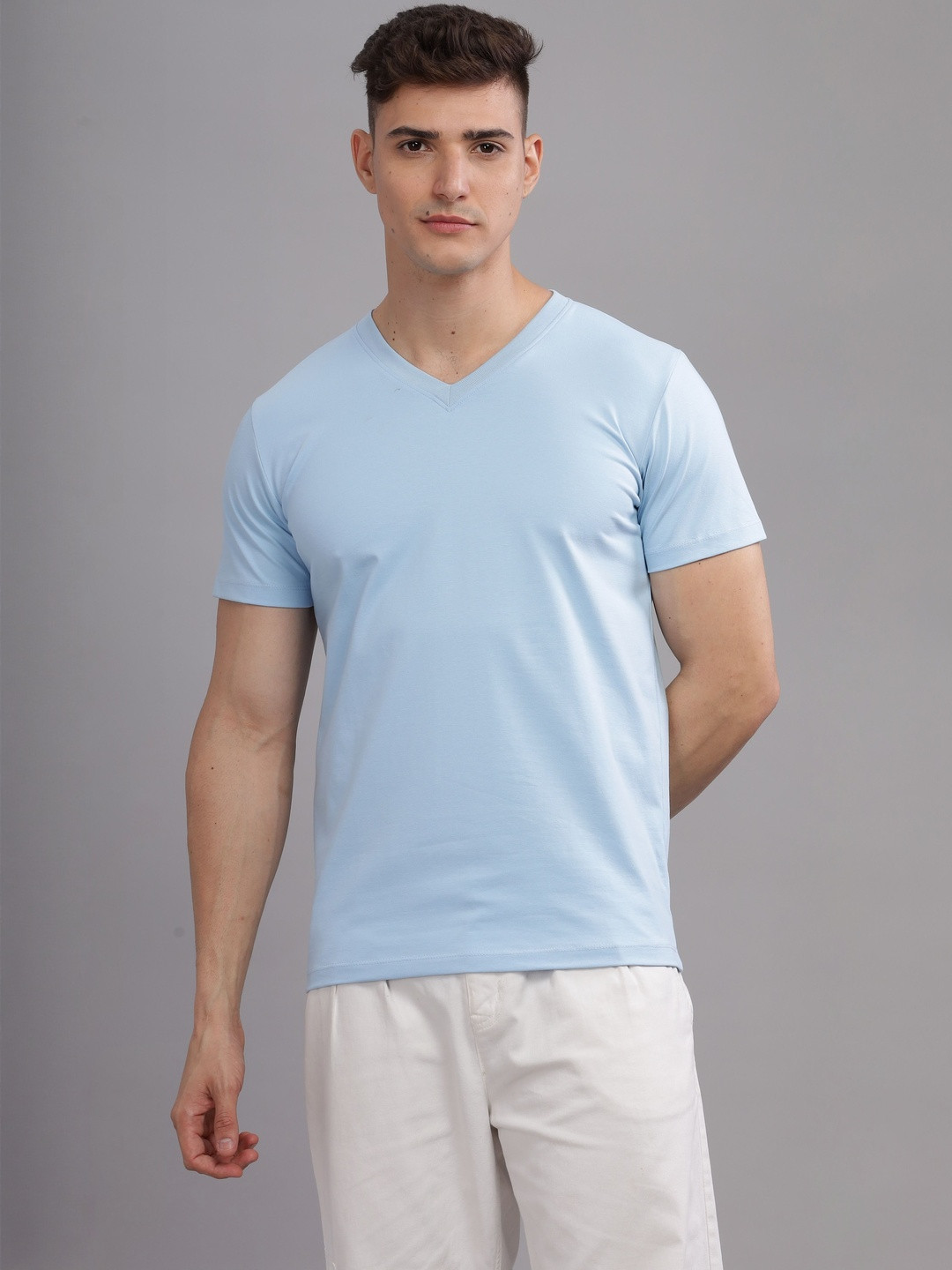 SOLACEACTIVE Men Solid V-Neck Cotton Relaxed Fit T-shirt