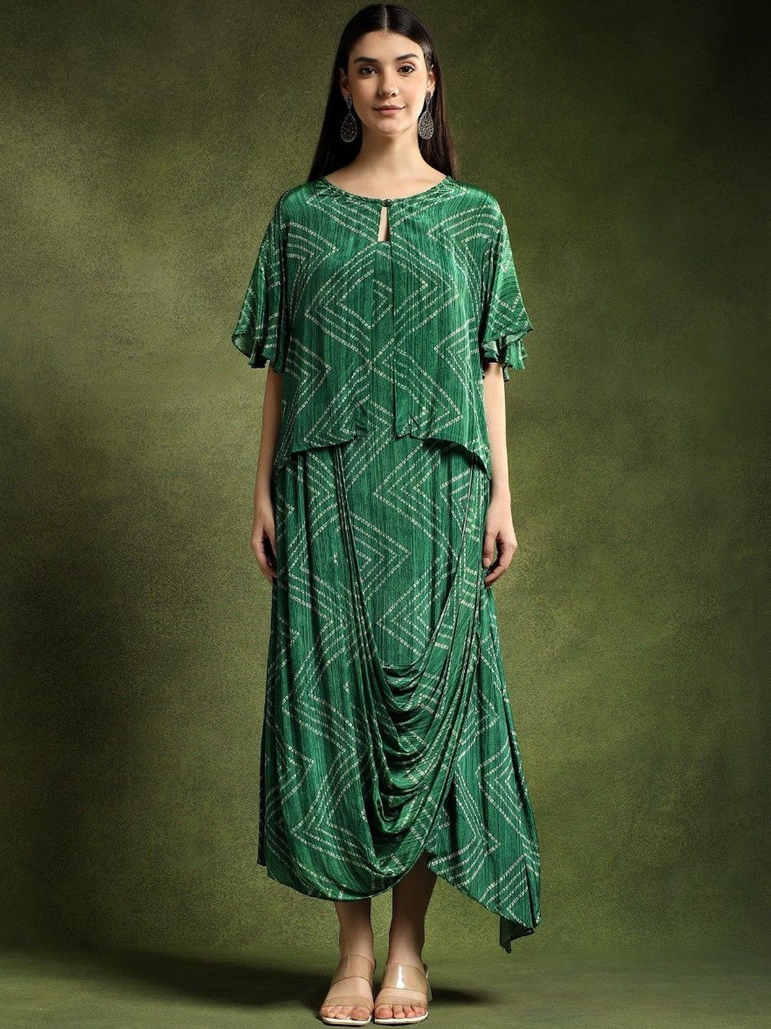 QAIYNAT Printed  Flared Sleeves Draped Satin Dress with Jacket