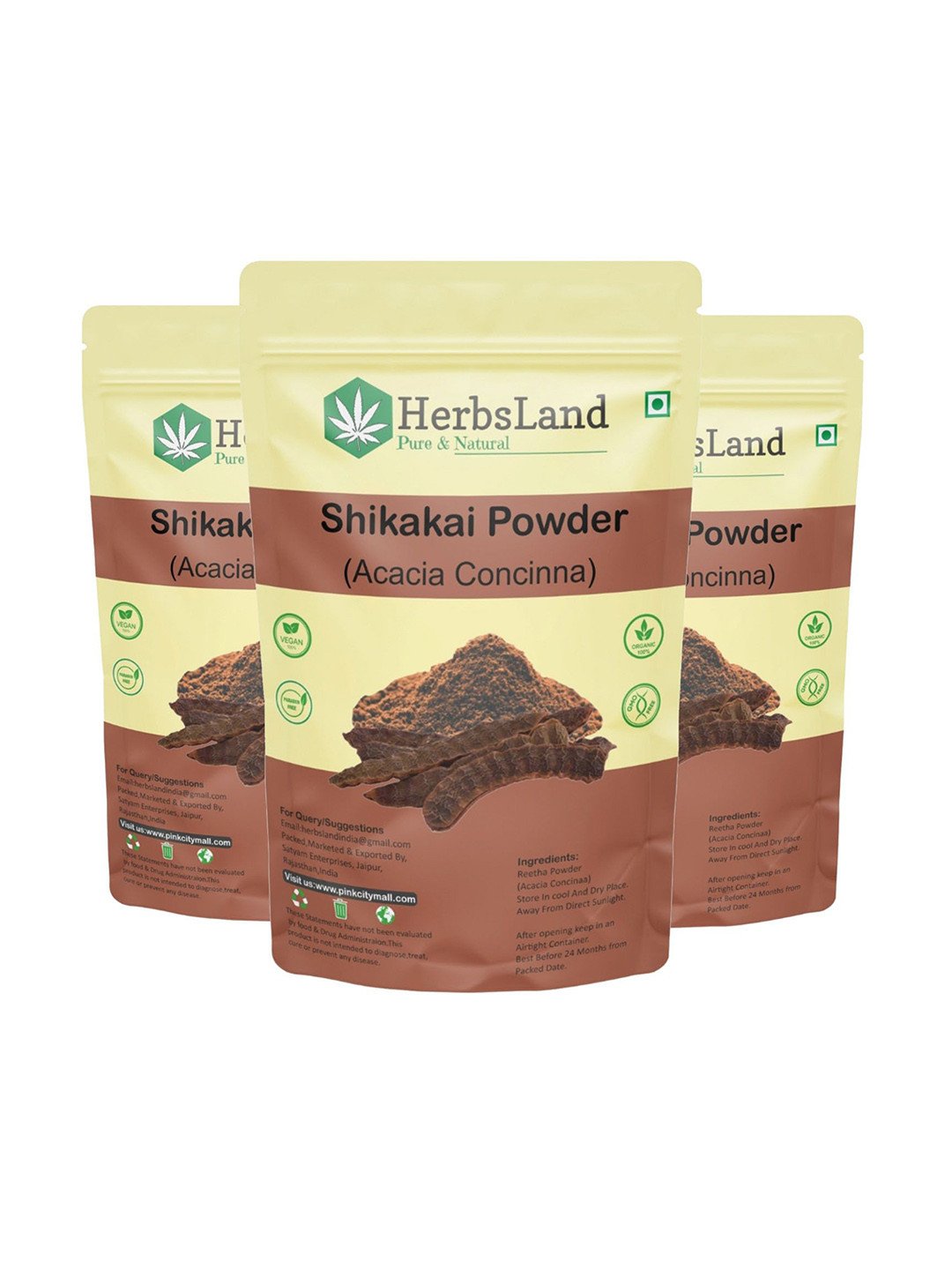 HerbsLand Set Of 3 Shikakai Powder For Hair Cleansing Shampoo - 100 g Each