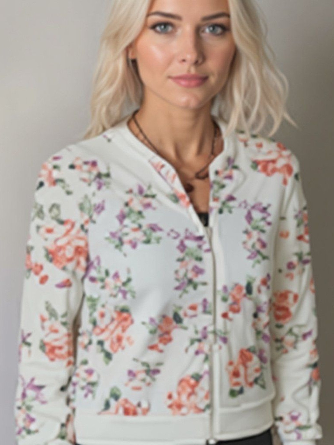 HERE&NOW Women White Floral Long Sleeves Cotton Winter Wear Jackets