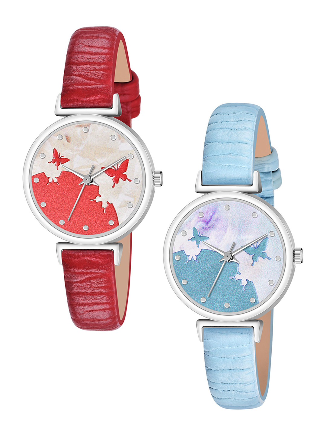 FROZIL Girls Pack Of 2 Printed Dial & Leather Straps Analogue Watch AB64-BF-R-SKY